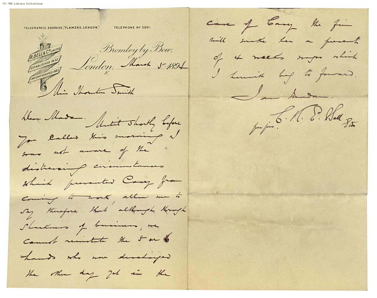 Letter from Charles Bell to Miss Thornton Smith re: dismissal case [Casey] 5 March 1894