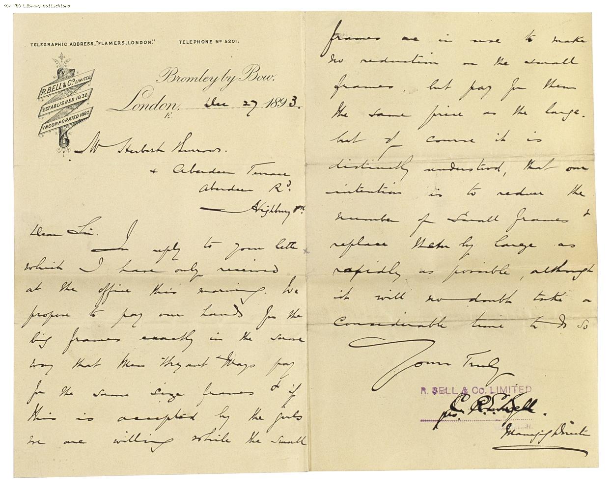 Letter from Charles Bell, Managing Director of Bell's, to Herbert Burrows, re: wage rates, 27 December 1893