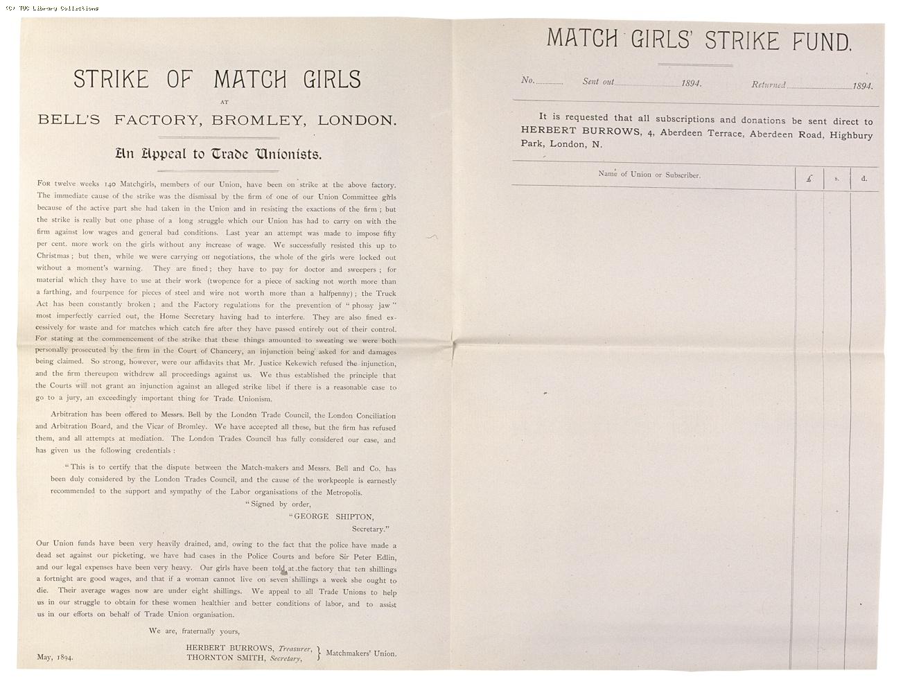 Matchmakers' Union strike fund appeal for Bell's factory, Bromley by Bow, 1894