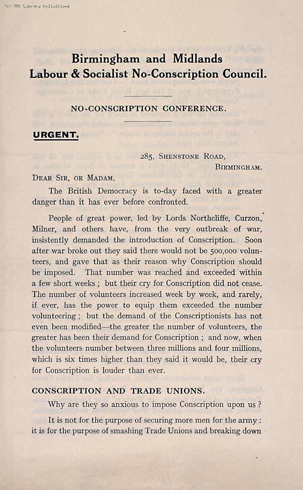 Birmingham and Midlands Labour and Socialist No-Conscription Council. No-Conscription Conference