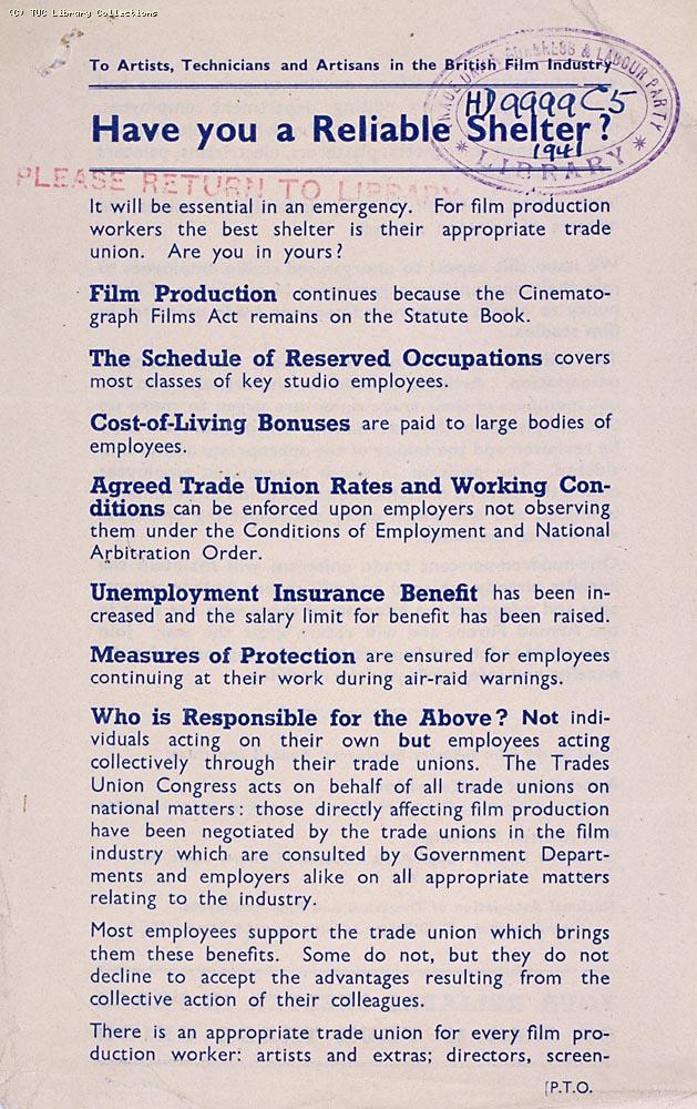 Film Industry Employees' Council - union recruitment leaflet, 1941 (front)