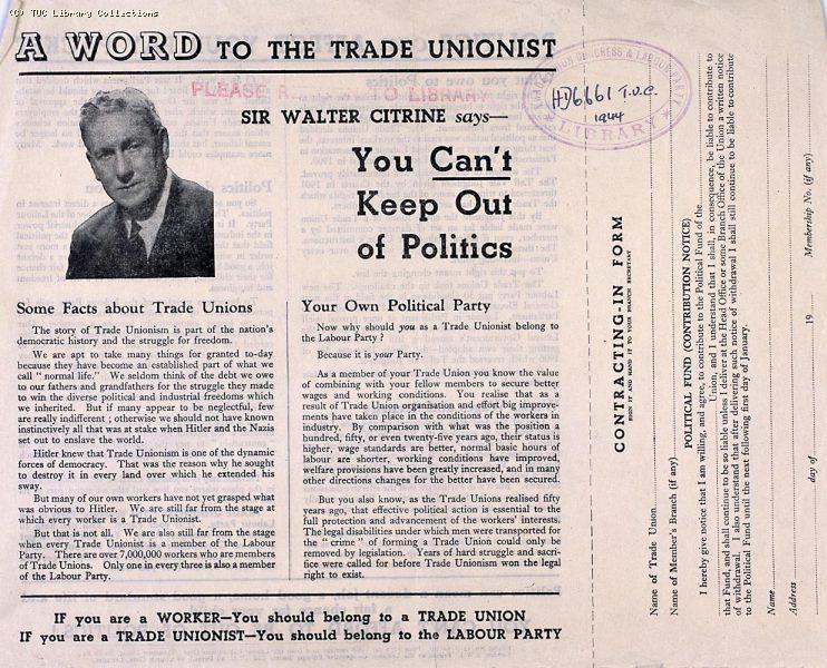 Labour Party membership - TUC leaflet, 1944 (page 1)