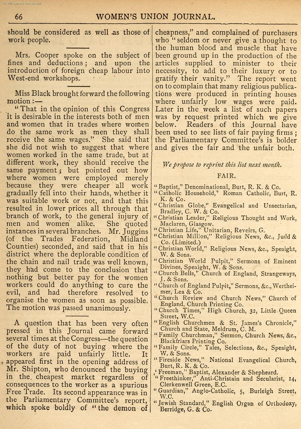 TUC Equal Pay Resolution, 1888