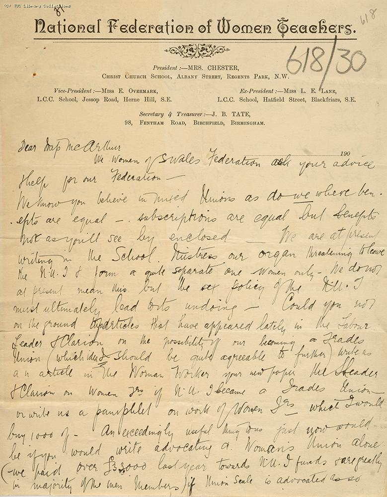National Federation of Women Teachers, South Wales - letter, 1906