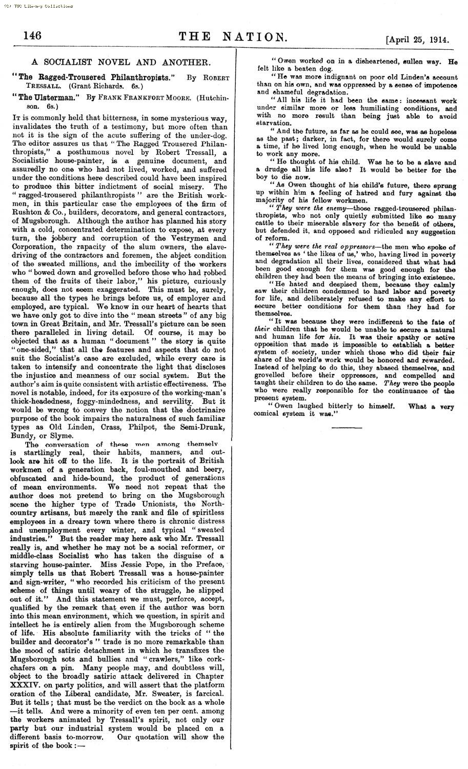 Review - The Ragged Trousered Philanthropists, 25 April 1914, 'The Nation'