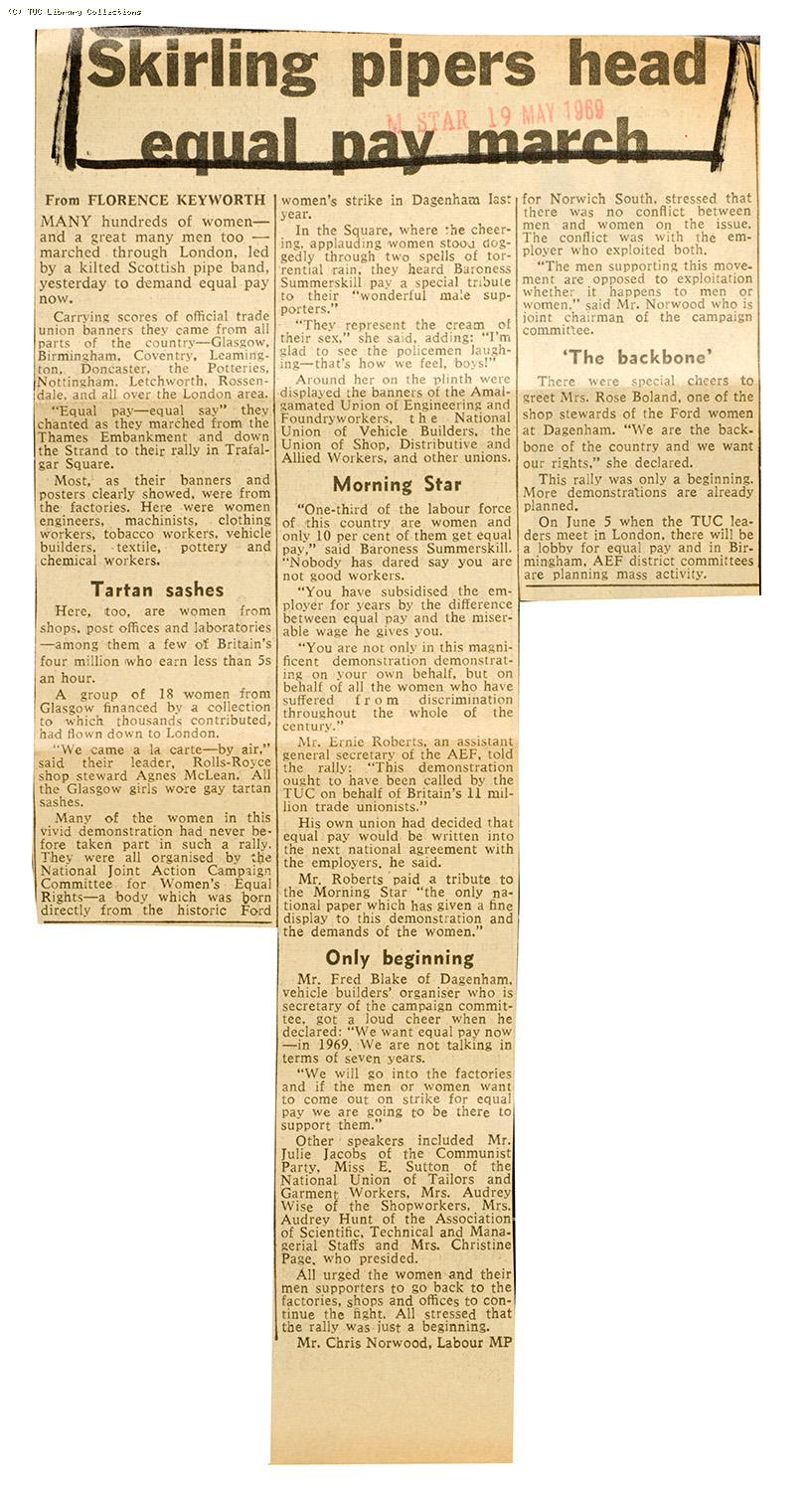 'Skirling pipers head equal pay march', 1969