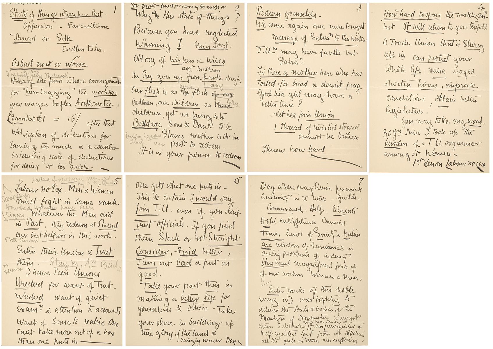 Lady Dilke's speech notes, 1904