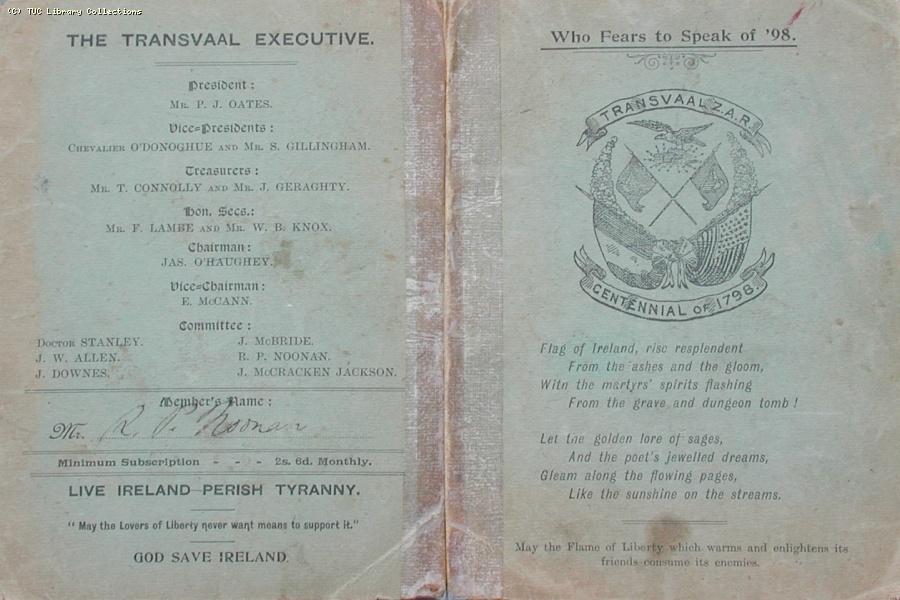 Membership card for Transvaal Executive Committee of the Centennial of 1798 Association