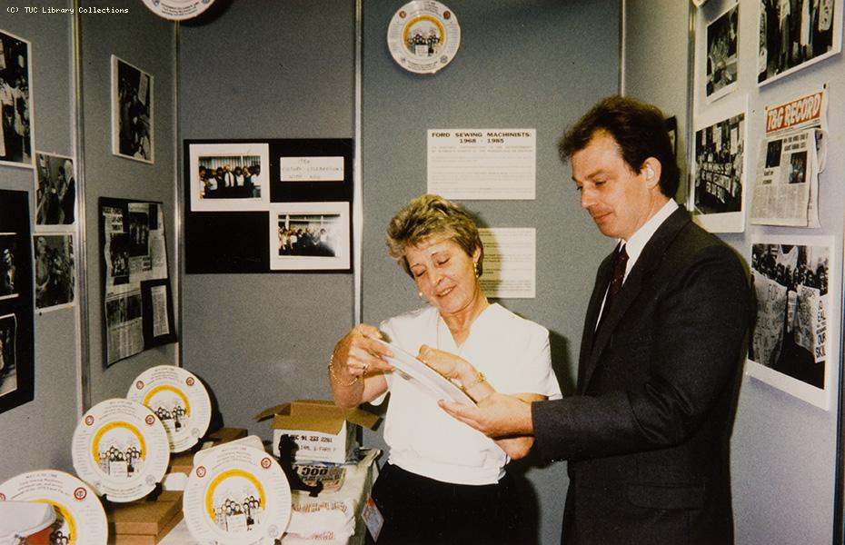 Tony Blair visits Ford sewing machinists' strike exhibition, 1990s