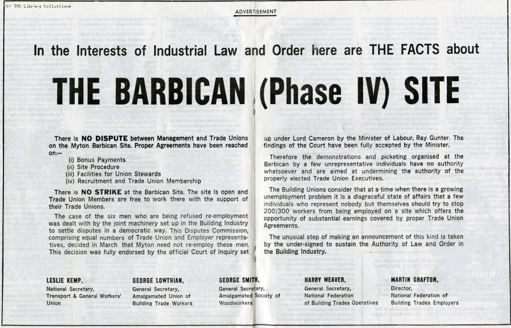 Barbican building dispute, 1967