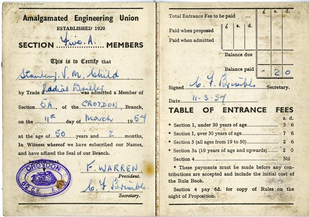 AEU membership card, 1957