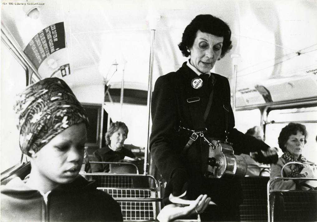 Woman bus conductor, c 1980