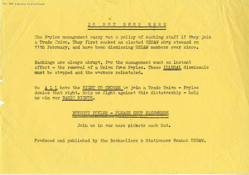 Foyles bookshop strike - USDAW leaflet, 1982