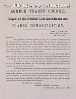 Circular letter from the London Trades Council May 1873, organising a demonstration against the Criminal La