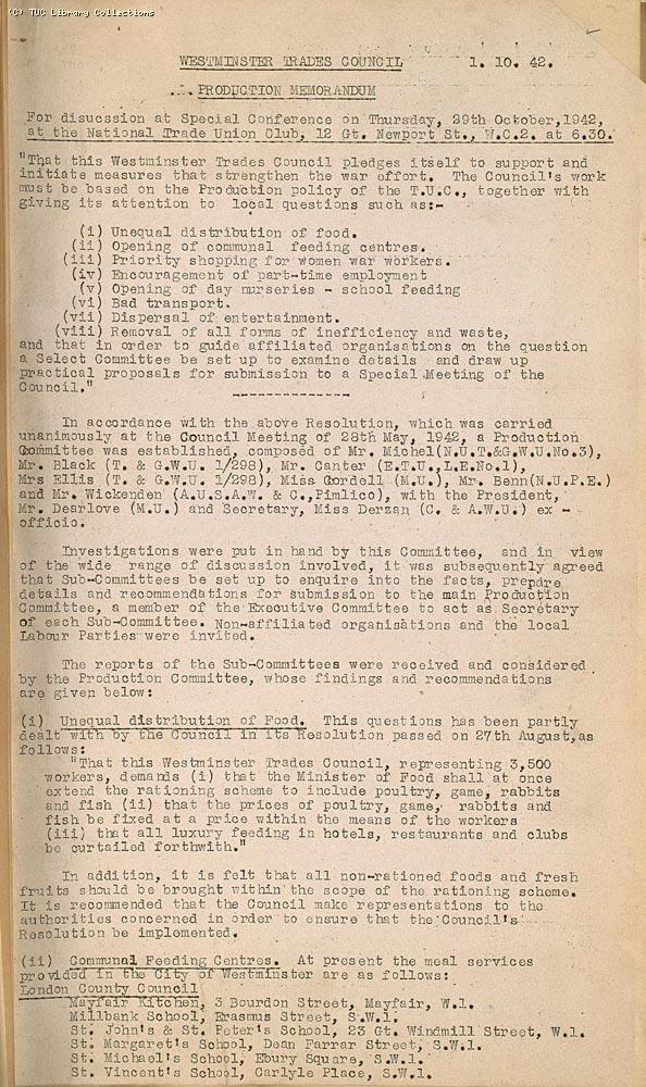 Westminster Trades Council - Production Memorandum, 1 October 1942