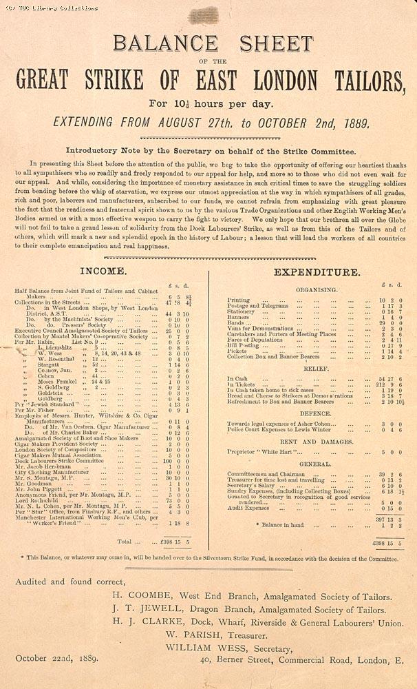Balance sheet of the great strike of East London tailors, 1889