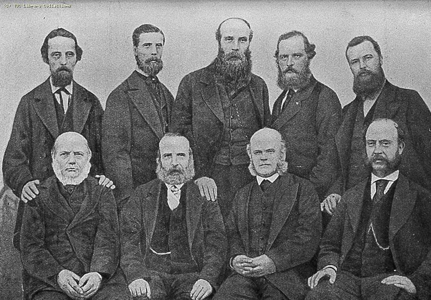 Photograph of members of the Gas Stokers Defence Committee, 1873 .Top row (l-r) H. King, George Potter, M. Sinclair, W. Osborne, Henry Broadhurst. Bottom row (l-r) Mr. Bailey, Daniel Guile, George Odger, George Shipton