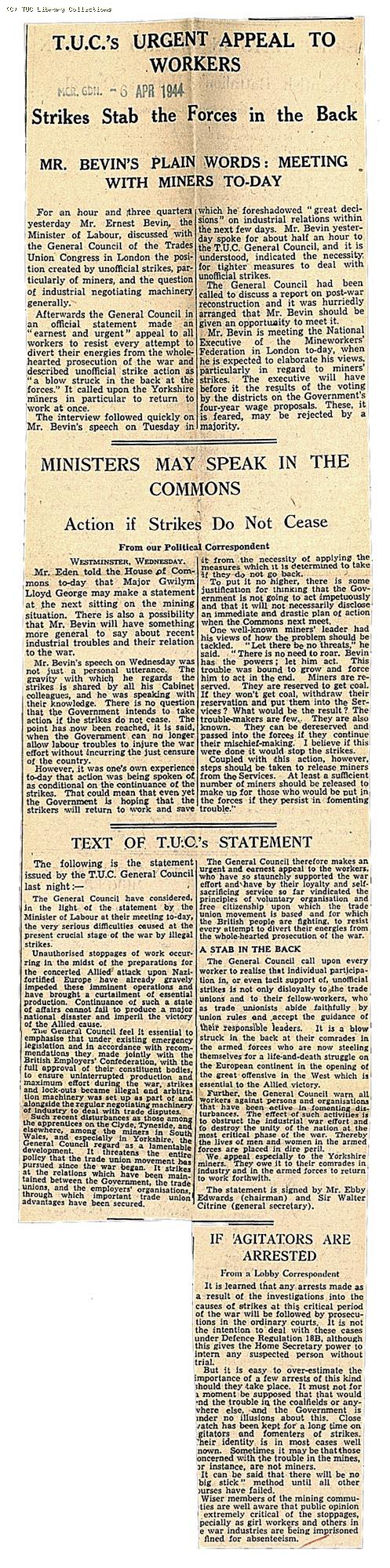 TUC's urgent appeal to workers, 1944