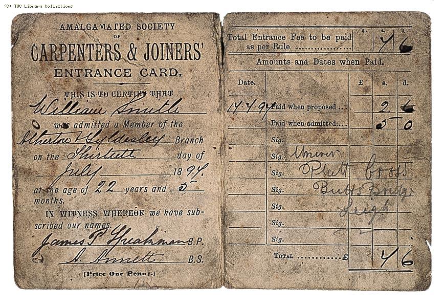 Amalgamated Society of Carpenters and Joiners Entrance Card