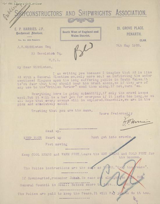 Letter from E.P. Harris (?) of Shipconstructors and Shipwrights Association SW and Wales District to J.S. Middleton, TUC, 7 May 1926, re: slogans for publicity material