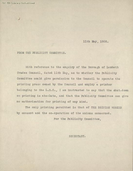 Letter from Secretary of Publicity Committee to Lambeth Trades Council, 11 May 1926, re: refusing permission to operate printing press