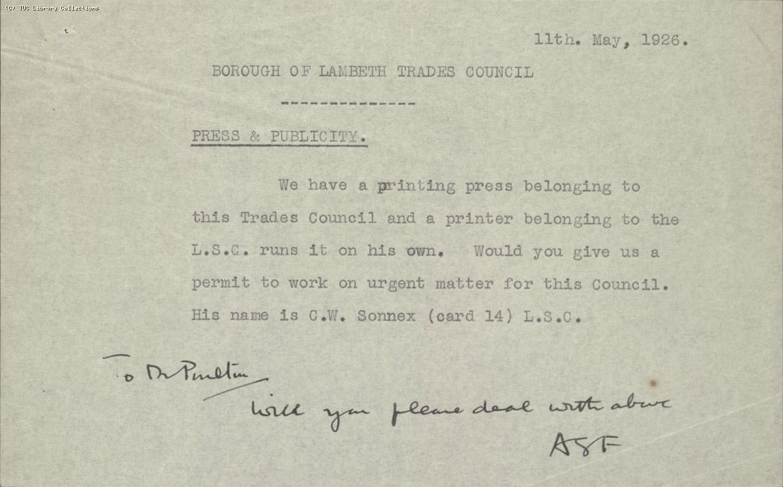 Note from Lambeth Trades Council to Press and Publicity, 11 May 1926, re: request for permit to print