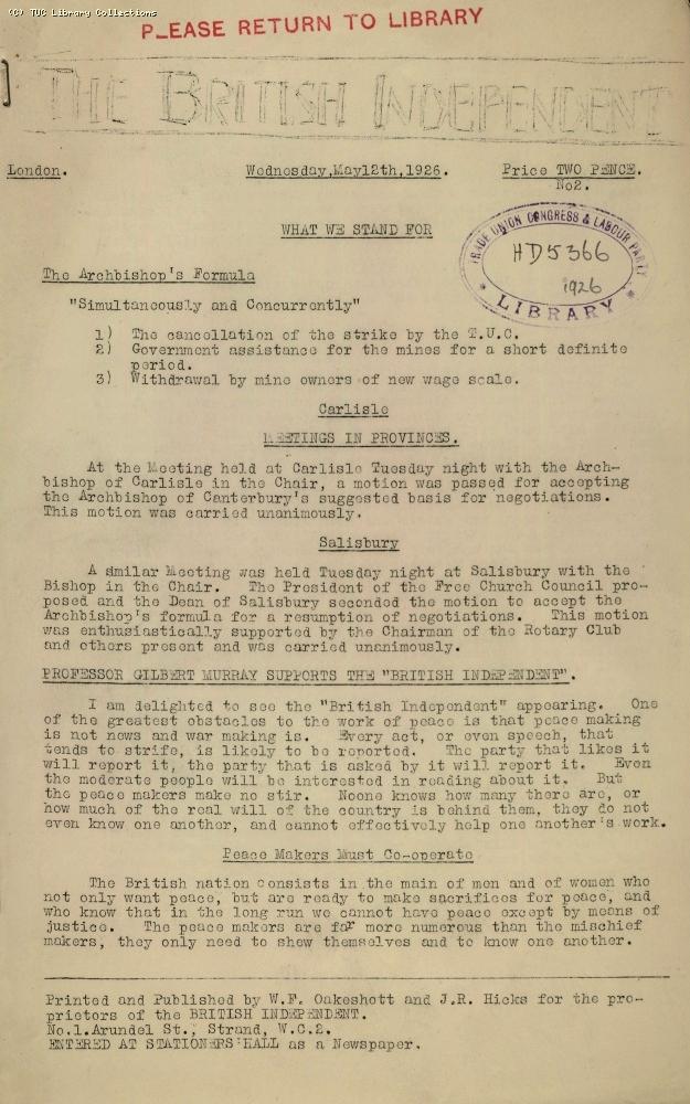 The British Independent, 12 May 1926