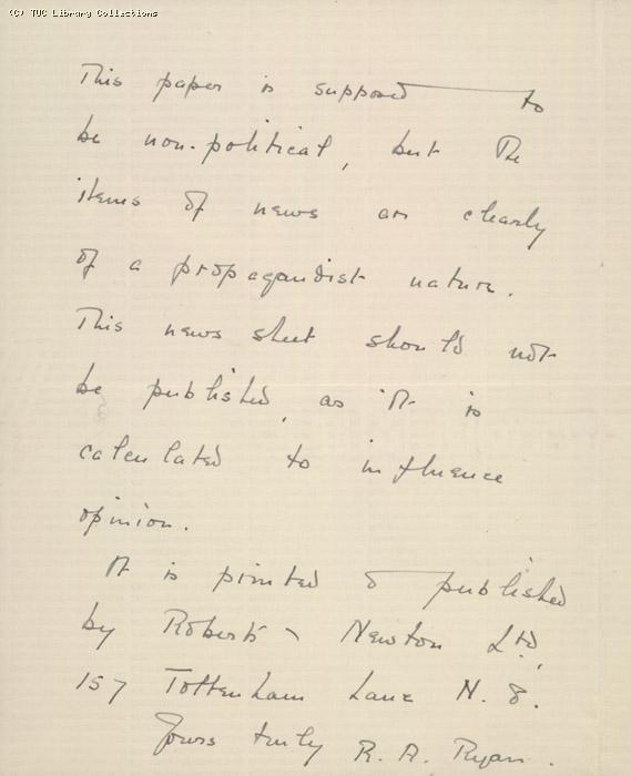 Letter from R.A. Ryan, Crouch End to General Purposes Committee, 5 May 1926, re: reporting the publication of The Hornsey Evening Bulletin