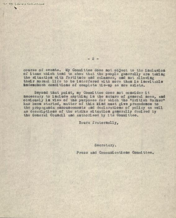 Letter from Secretary of Press and Communications Committee to Hamilton Fyfe, Daily Herald, 6 May 1926, re: inclusion of non-strike news in the British Worker
