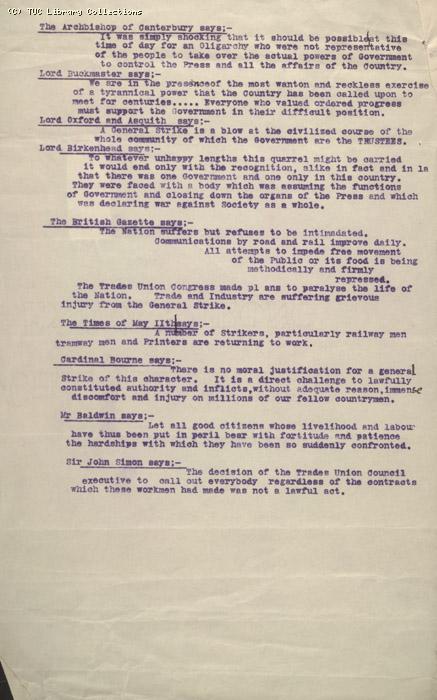 Anti-strike quotes from newspapers and politicians, clergymen and aristocracy