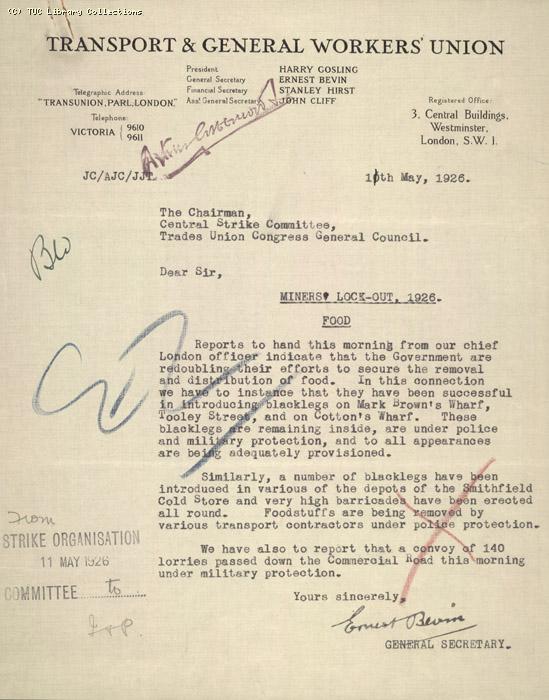 Letter from Ernest Ben to Chairman, Central Strike Committee, 11 May 1926, re: Food supplies