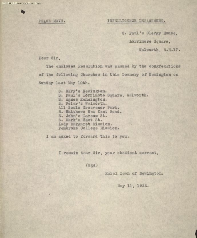 Intelligence Report - Copy of letter from Rural Dean of Newington, 11 May 1926
