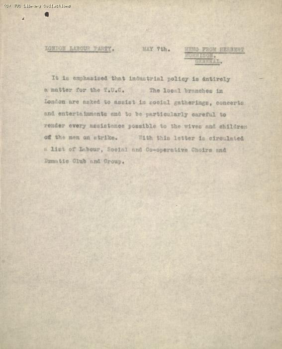 Memo - Herbert Morrison to London Labour Party, 7 May 1926
