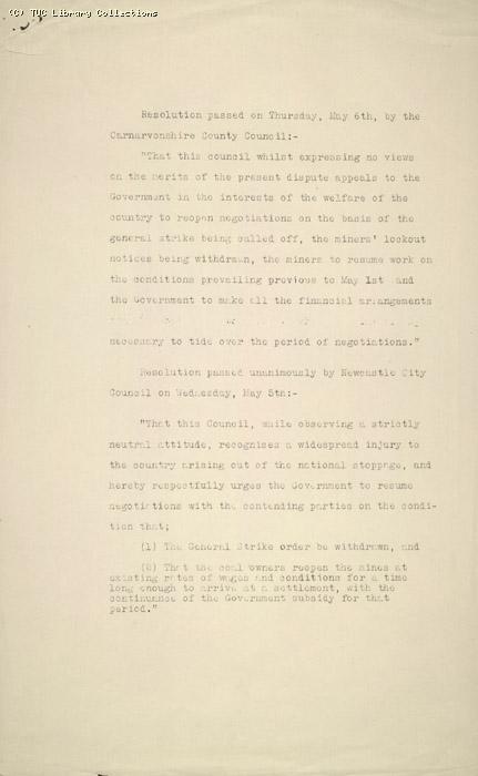 Letter and attachment - TUC and Labour Party Joint Research and Information Dept, 6 May 1926, re: resolutions passed by local authorities.