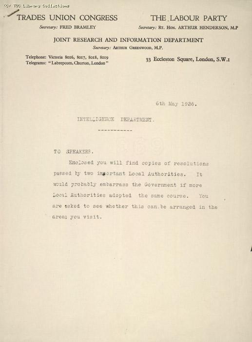 Letter and attachment - TUC and Labour Party Joint Research and Information Dept, 6 May 1926, re: resolutions passed by local authorities.