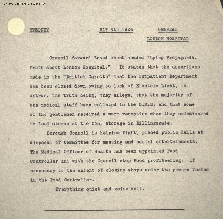 Intelligence Report - Stepney, 6 May 1926