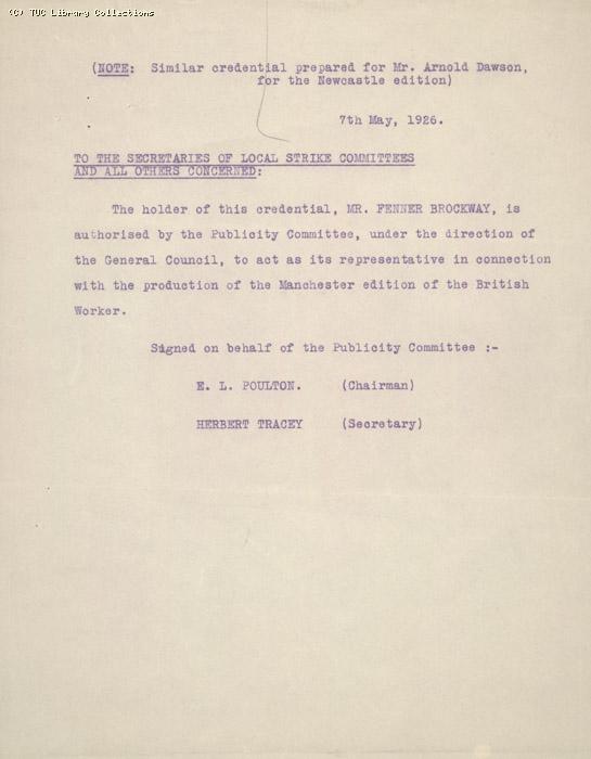 Credential from Poulton confirming that Fenner Brockway is authorised by Pub Comm to act as representative in Manchester, 7 May 1926