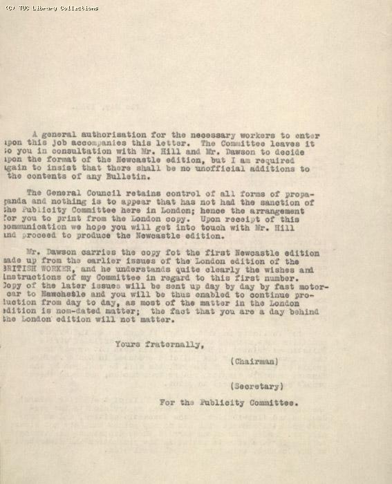 Letter from Secretary of Publicity Committee to Co-operative Printing Society, Newcastle 7 May 1926, re: printing of British Worker in Newcastle