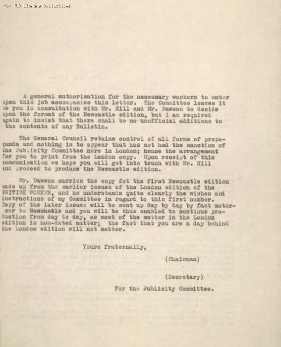 Letter from Secretary of Publicity Committee to Co-operative Printing Society, Newcastle 7 May 1926, re: printing of British Worker in Newcastle
