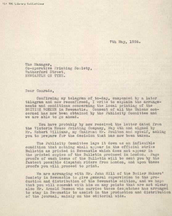 Letter from Secretary of Publicity Committee to Co-operative Printing Society, Newcastle 7 May 1926, re: printing of British Worker in Newcastle