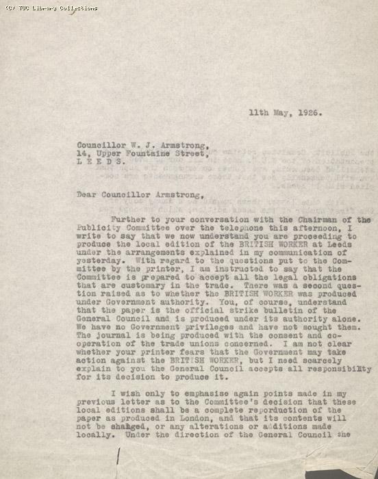 Letter from  Secretary of Publicity Committee to W. Armstrong, 11 May 1926, re: printing of British Worker in Leeds