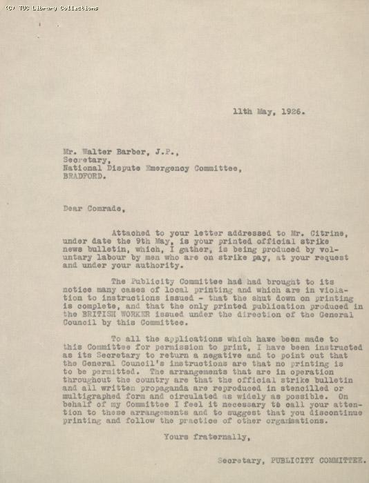 Letter from Secretary of Publicity Committee to W. Barber of Bradford concerning unauthorised publication of strike news bulletin