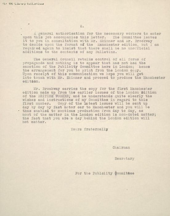 Letter from Publicity Committee of General Council toThe Manager - Co-operative Printing Society, Manchester, 7 May 1926, re: printing of British Worker