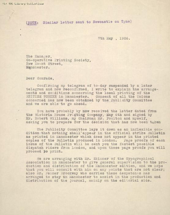 Letter from Publicity Committee of General Council toThe Manager - Co-operative Printing Society, Manchester, 7 May 1926, re: printing of British Worker