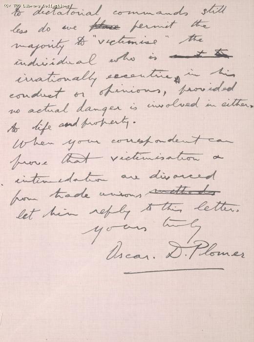 Letter from Oscar D. Plomer to the Editor - British Worker, 6 May 1926, re: allegations of victimisation at University College