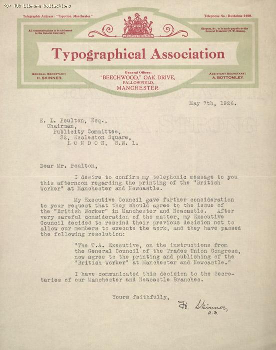 Letter from Typographical Association to E.L. Poulton, 7 May 1926, Re: Printing the British Worker