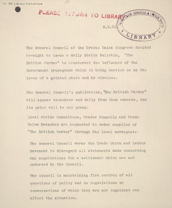 Statement by the General Council on its intention to publish a daily strike bulletin, The British Worker