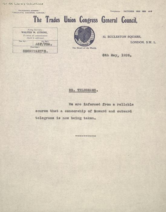 Memo from Secretary's Department (?), 8 May 1926, re: censorship of telegrams