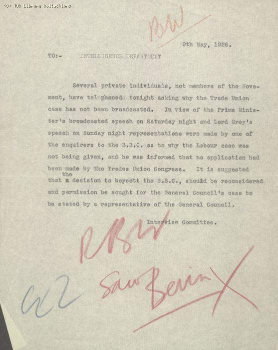 Memo from Interview Committee to Intelligence Department, 9 May 1926, re: broadcasting the trade union case on BBC