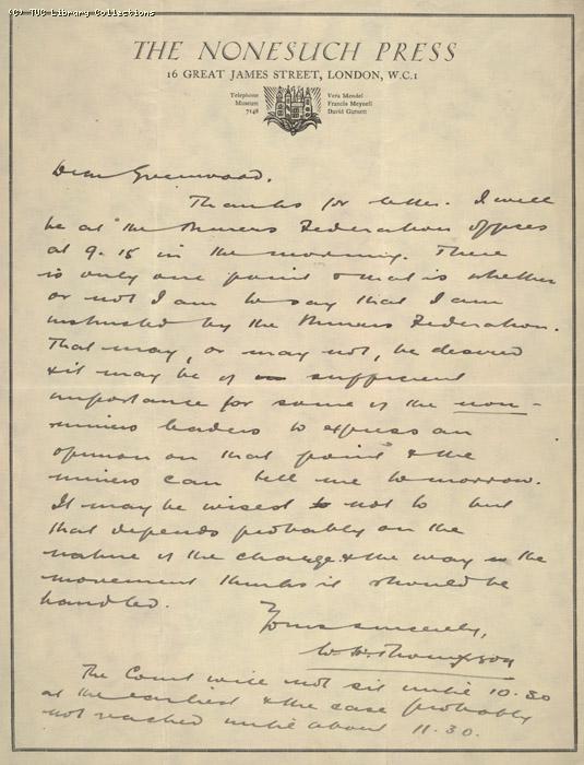 Letter from W.H. Thompson to Greenwood, 10 May 1926, re: agreeing to defend Noah Ablett